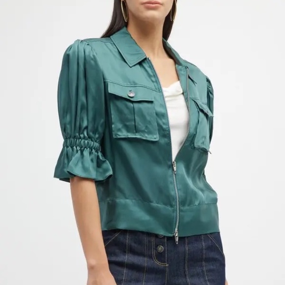 NEW! Cinq a Sept Holly Puff-Sleeve Utility Jacket Eucalyptus Green Small $395 - Picture 1 of 12